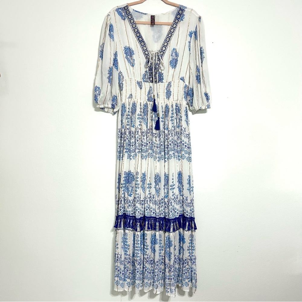 Anthropologie White and Blue Floral Maxi Dress